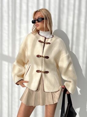 Princess Polly Cream Faux Shearling Toggle Jacket with Brown Trim (worn once)